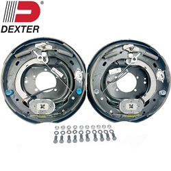 Pair of 12" x 2" Dexter Nev-R-Adjust electric brake assemblies with parts. 5 Hole Mounting.  Works with Al-Ko, Dexter, Lippert and Rockwall Trailer Axles.  Works on 5,200 lbs. or 7,000 lbs. trailer axles with a five-hole brake flange.  Includes mounting hardware.  These are fully assembled backing plates with shoes, springs, and magnets attached and ready to be mounted.  The pair includes one left hand and one right hand brake assembly.